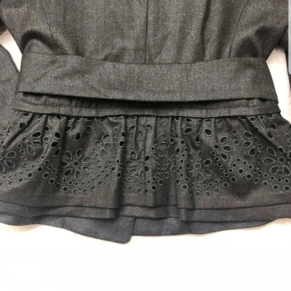 REBECCA TAYLOR Wool Crop Blazer Eyelet Peplum Detail Puff Shoulder Grey Gray XS - Picture 4 of 11
